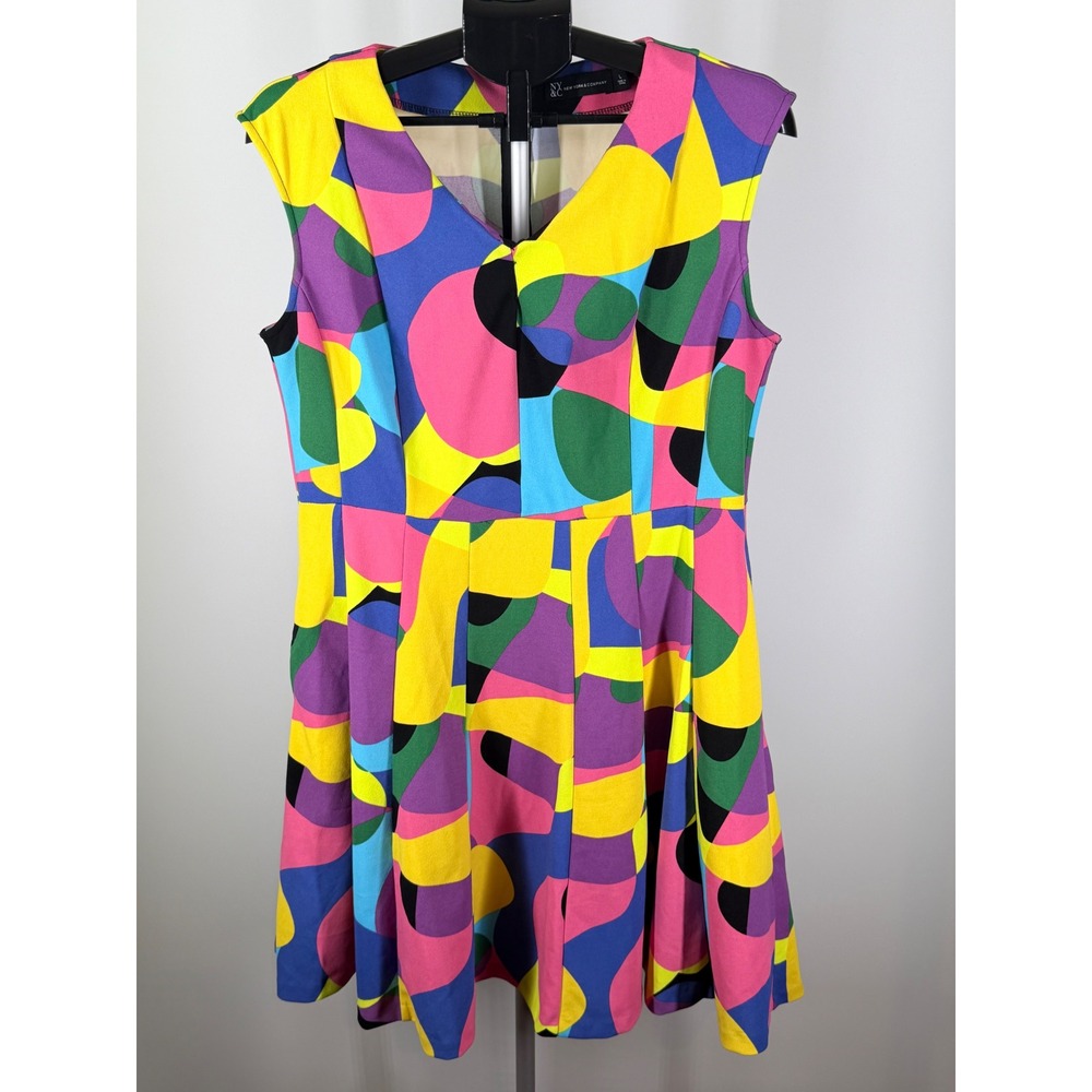 New York & Company Abstract Geometric Fit Flare Dress‎ Multicolor Womens Large